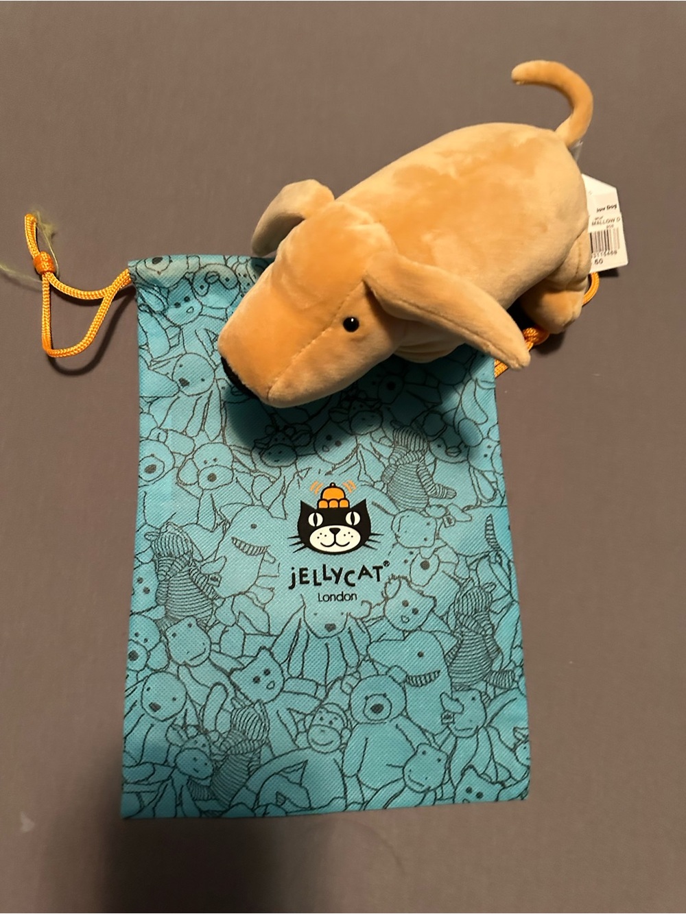 Jellycat Tan Plush Dog Toy with Blue Drawstring Pouch